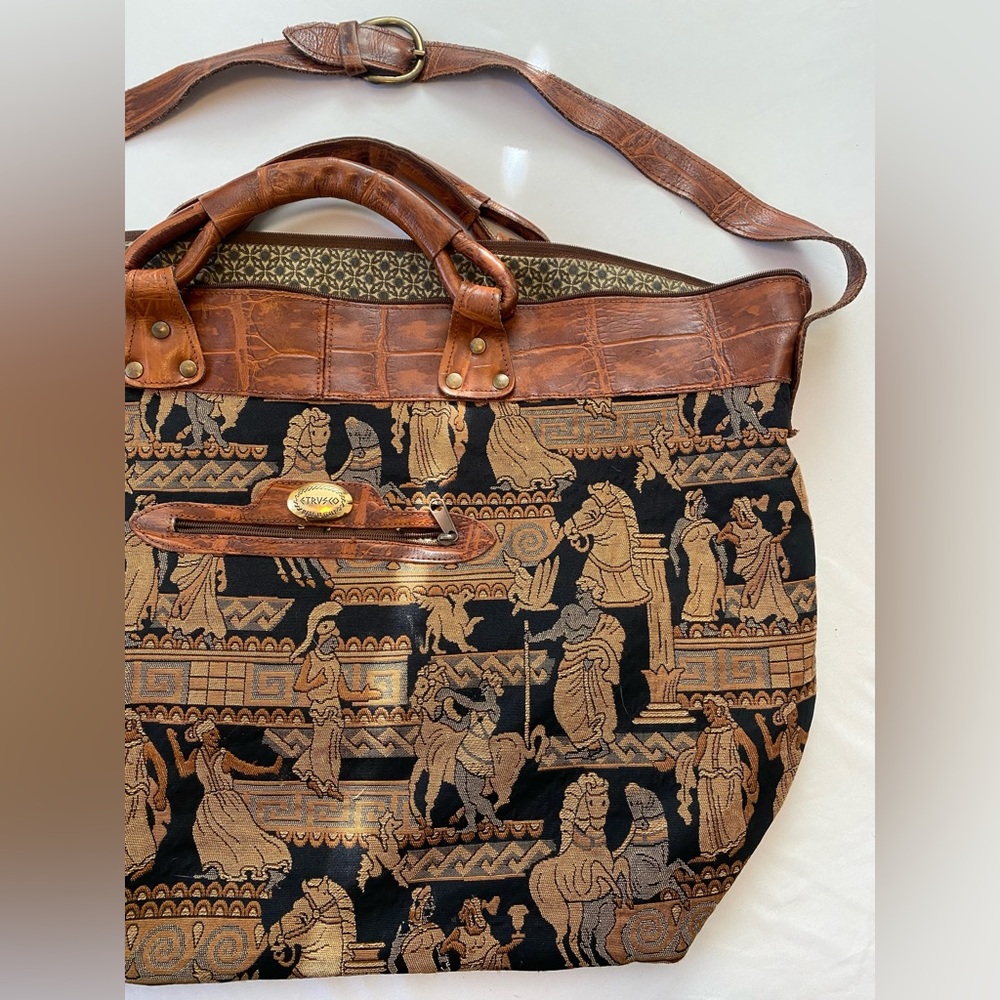 Woven Tapestry Shoulder Bag with Brown Leather Trim - Picture 5 of 16